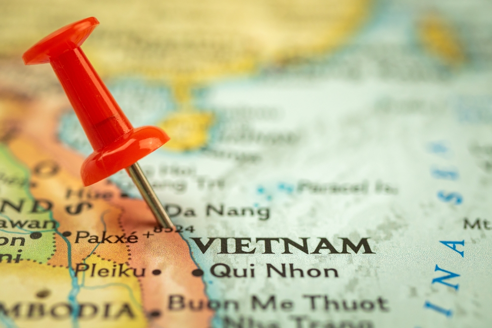 Five reasons why Vietnam’s crypto usage is so high. Map with a pinpoint of Vietnam.