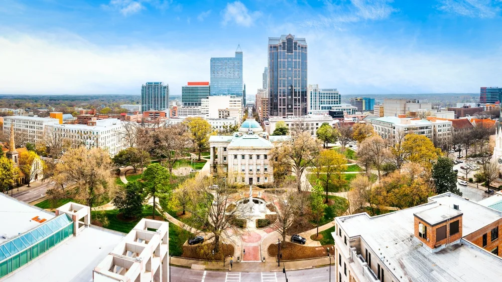 Drone image of Raleigh, North Carolina, used to illustrate article about crypto usage in the state.