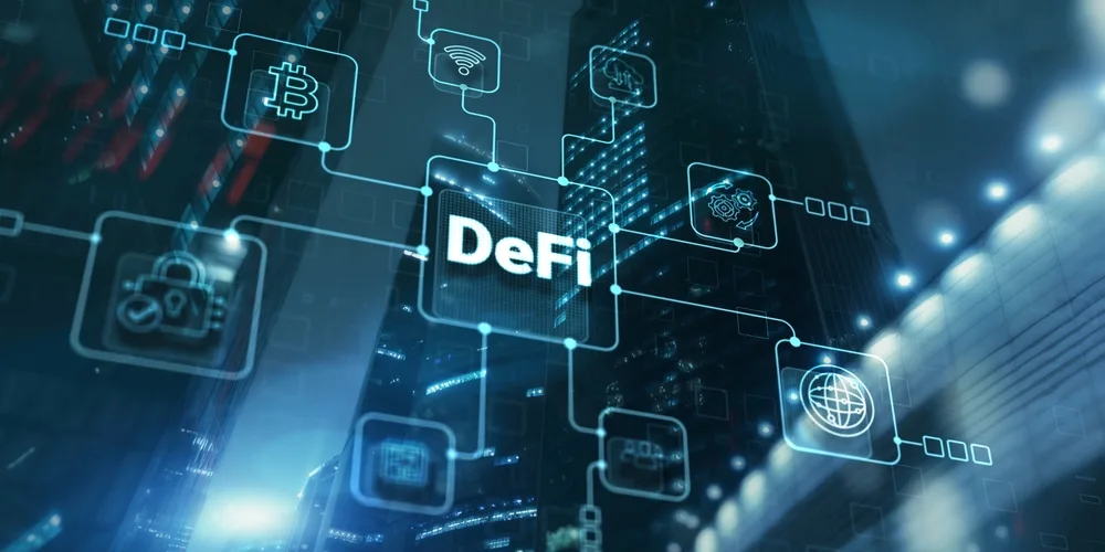 Digital image depicting DeFi - decentralised finance - to accompany article about it.