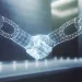 Digital picture of two robotic-looking hands shaking to illustrate an article about the consensus mechanism in blockchain.