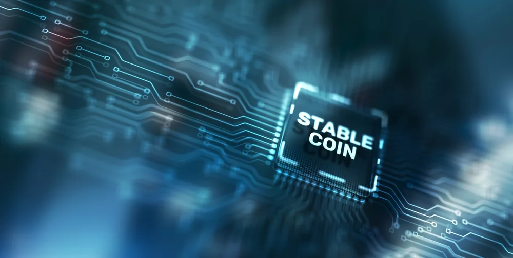 Digital image featuring the word stablecoin to accompany an article about algorithmic stablecoins.