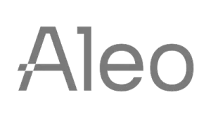Gray text on a transparent background spells the word Aleo in a modern, sans-serif font, evoking themes of climate innovation and bitcoin technology.