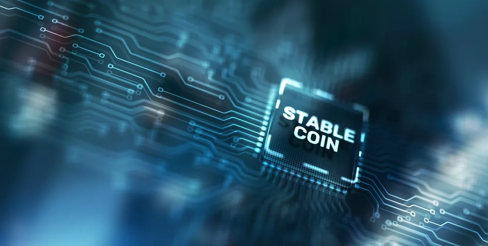 Digital image featuring the word stablecoin to accompany an article about algorithmic stablecoins.