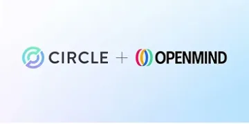 Logo for Circle on the left, a plus sign in the center, and the OpenMind logo with multicolored rings and black text on the right, all on a light gradient background.