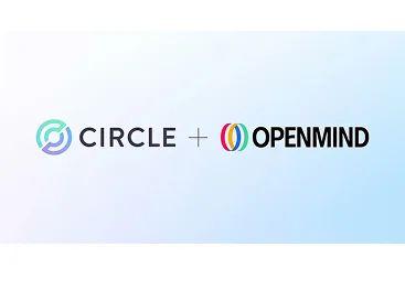 Logo for Circle on the left, a plus sign in the center, and the OpenMind logo with multicolored rings and black text on the right, all on a light gradient background.
