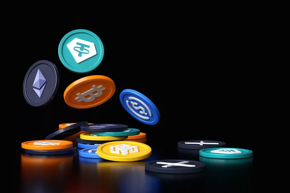 Image of crypto coins flying through the air to accompany article about crypto exchanges.